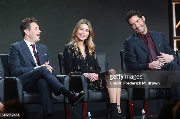 Actors Kevin Alejandro, Lauren German and Tom Ellis speak onstage during the "Lucifer" panel discussion at the FOX portion of the 2015 Winter TCA...