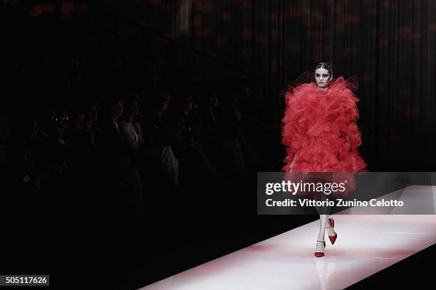 Model walks the runway at the Giorgio Armani 40th Anniversary on April 30 in Milan, Italy.