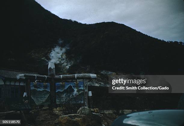 Onsen, or hot springs, at Mount Hakone, dark image, Japan, November 8, 1951. .