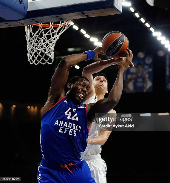 Bryant Dunston, #42 of Anadolu Efes Istanbul in action during the Turkish Airlines Euroleague Basketball Top 16 Round 3 game between Anadolu Efes...