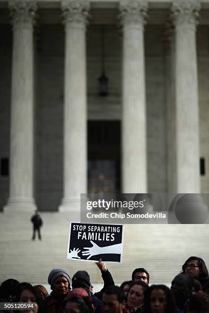 About fifty pro-immigration reform demonstrators gathered for a rally outside the United States Supreme Court January 15, 2016 in Washington, DC....