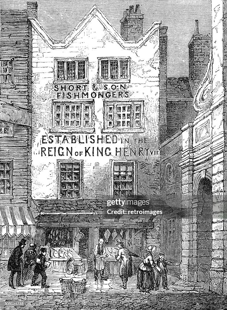 The old fish shop by Temple Bar, London, 1846 (illustration)