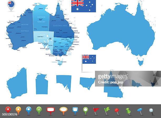 karte von australien-staaten, städte und navigation symbole - australia stock-grafiken, -clipart, -cartoons und -symbole
