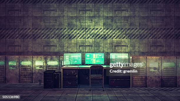 hacker room in old warehouse - spy background stock pictures, royalty-free photos & images