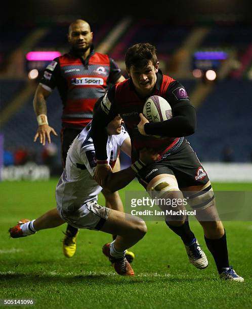 Magnus Bradbury of Edinburgh Rugby scores a try during the European Rugby Challenge Cup match between Edinburgh Rugby and Agen at Murrayfield Stadium...
