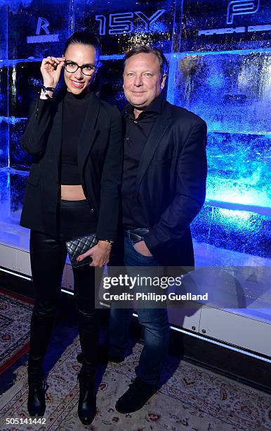 Host Esther Sedlaczek and Rodenstock's CEO Oliver Kastalio pose during the Rodenstock & Porsche Design 15th year anniversary party at P1 on January...