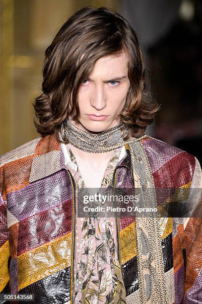 Details of Roberto Cavalli show during Milan Men's Fashion Week Fall/Winter 2016/17 on January 15, 2016 in Milan, Italy.