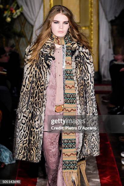 Model walks the runway at the Roberto Cavalli show during Milan Men's Fashion Week Fall/Winter 2016/17 on January 15, 2016 in Milan, Italy.