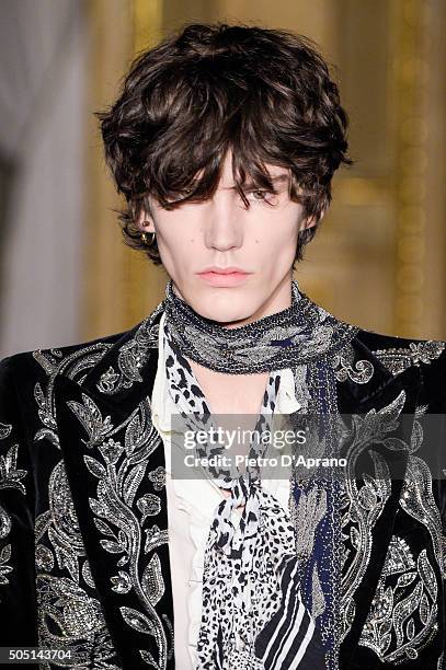 Details of Roberto Cavalli show during Milan Men's Fashion Week Fall/Winter 2016/17 on January 15, 2016 in Milan, Italy.