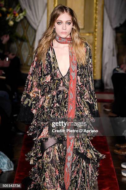 Model walks the runway at the Roberto Cavalli show during Milan Men's Fashion Week Fall/Winter 2016/17 on January 15, 2016 in Milan, Italy.