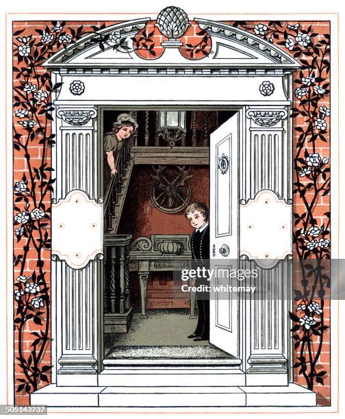 victorian children looking through a door - pediment stock illustrations