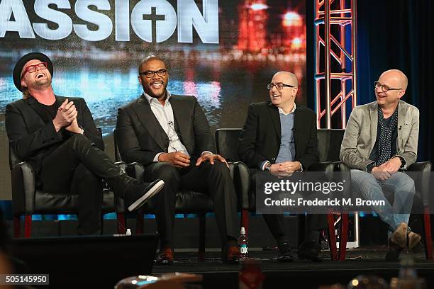 Executive Producer Adam Anders, Host/Narrator Tyler Perry, Executive Producer Mark Bracco and Executive Producer/Creator Jacco Doornbos speak onstage...