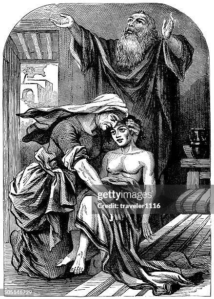 elisha and the widow's son - widow stock illustrations