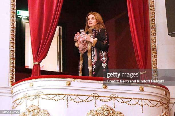 Wife of Autor of the piece Florian Zeller, Marine Delterme attends "L'Envers du Decor" Theater Play at 'Theatre de Paris' in Paris on January 14,...