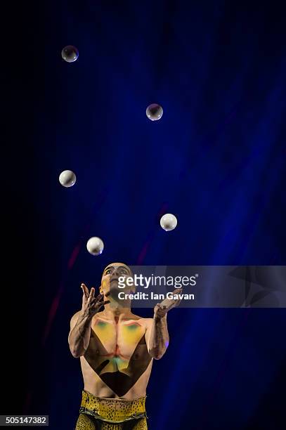Dancers perform on stage during the dress rehearsal of 'Amaluna' by Cirque Du Soleil at the Royal Albert Hall on January 15, 2016 in London, England.