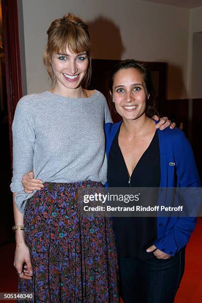 Actress of the piece Pauline Lefevre and Actress Julie de Bona pose after the "L'Envers du Decor" Theater Play at 'Theatre de Paris' in Paris on...