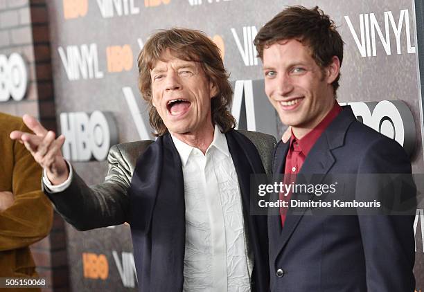 Mick Jagger and James Jagger attends the New York premiere of "Vinyl" at Ziegfeld Theatre on January 15, 2016 in New York City.
