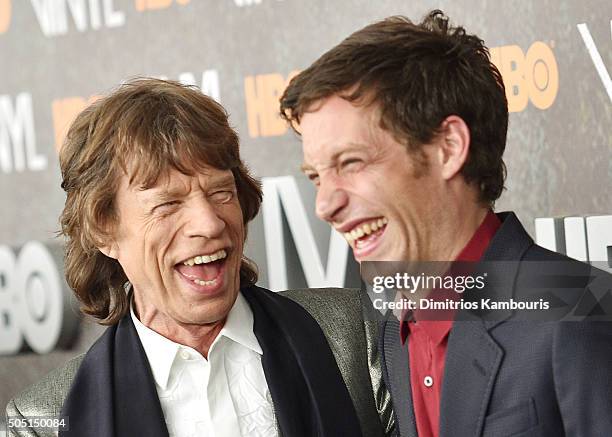 Mick Jagger and James Jagger attends the New York premiere of "Vinyl" at Ziegfeld Theatre on January 15, 2016 in New York City.