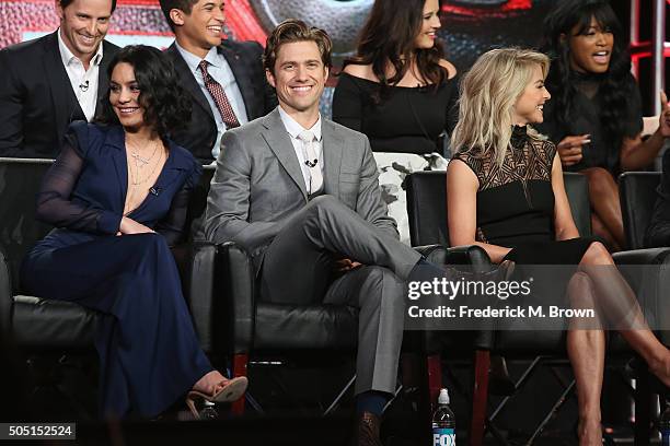 Actors Vanessa Hudgens, Aaron Tveit and Julianne Hough speak onstage during the "Grease Live!" panel discussion at the FOX portion of the 2015 Winter...