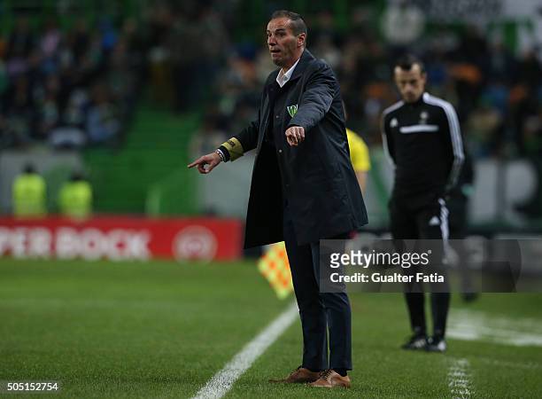Tondela's coach Petit in action during the Primeira Liga match between Sporting CP and CD Tondela at Estadio Jose Alvalade on January 15, 2016 in...