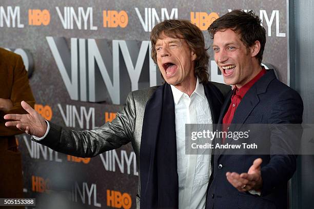 Mick Jagger and James Jagger attend the "Vinyl" New York premiere at Ziegfeld Theatre on January 15, 2016 in New York City.