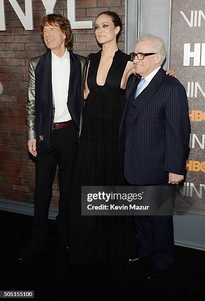 Mick Jagger, Olivia Wilde, and Martin Scorsese attend the New York premiere of "Vinyl" at Ziegfeld Theatre on January 15, 2016 in New York City.