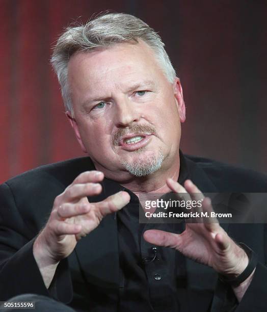 Co-Creator/Executive Producer David Hoselton speak onstage during the "Houdini & Doyle" panel discussion at the FOX portion of the 2015 Winter TCA...