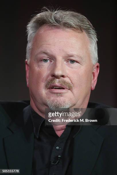 Co-Creator/Executive Producer David Hoselton speak onstage during the "Houdini & Doyle" panel discussion at the FOX portion of the 2015 Winter TCA...