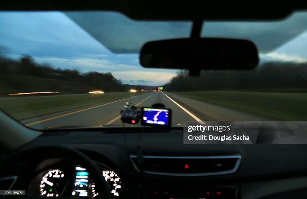 Dashboard view of a moving vehicle