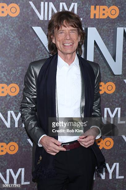 Mick Jagger attends the New York Premiere of "Vinyl" at Ziegfeld Theatre on January 15, 2016 in New York City.