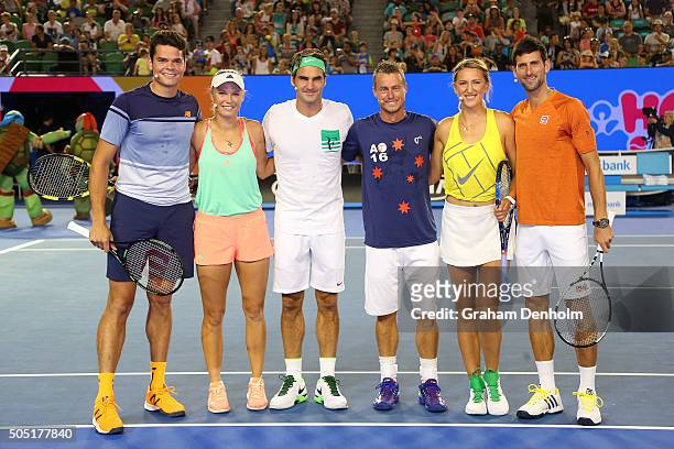 Milos Raonic of Canada, Caroline Wozniacki of Denmark, Roger Federer of Switzerland, Lleyton Hewitt of Australia, Victoria Azarenka of Belarus and...