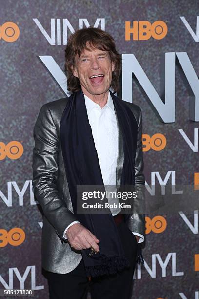 Mick Jagger attends the New York Premiere of "Vinyl" at Ziegfeld Theatre on January 15, 2016 in New York City.