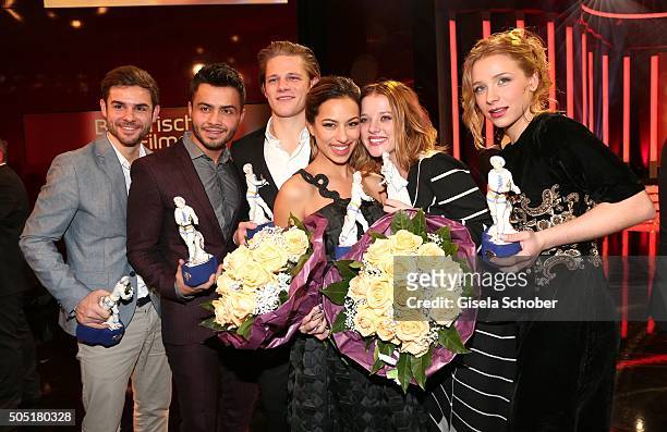 Lucas Reiber, Aram Arami, Max von der Groeben, Gizem Emre, Jella Haase and Anna Lena Klenke with awards during the Bavarian Film Award 2016 at...