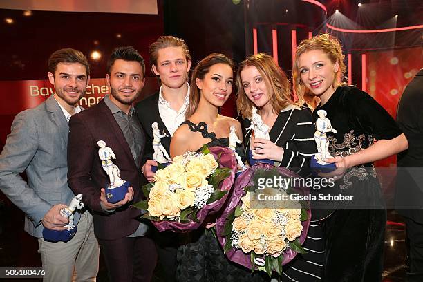 Lucas Reiber, Aram Arami, Max von der Groeben; Gizem Emre, Jella Haase and Anna Lena Klenke with award during the Bavarian Film Award 2016 at...