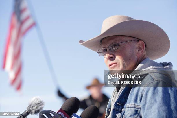 January 15, 2016 in Burns, Oregon. LaVoy Finicum speaks to reporters after disabling a power pole remote camera location near the occupied Malheur...