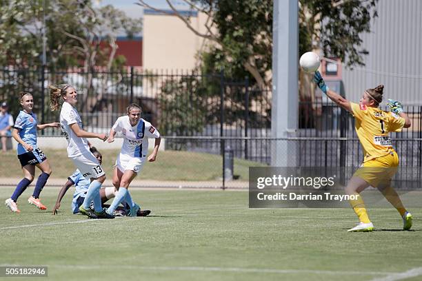 Kick by Princess Ibini of Sydney FC flies over Brianna Davey of Melbourne City and into the net for a goal during the round 14 W-League match between...