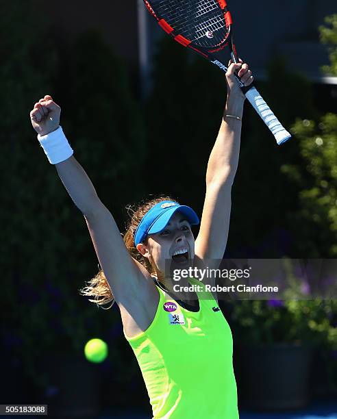 Alizé Cornet France celebrates after defeating Eugenie Bouchard of Canada in the singles finals match during 2016 Hobart International at the Domain...