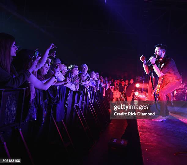 Old Dominion's Matthew Ramsey on stage Opening Night of their Meat and Candy 2016 tour at Marathon Music Works on January 14, 2016 in Nashville,...
