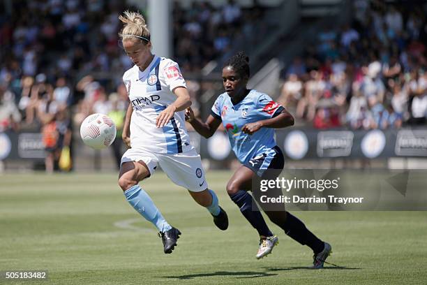 Aivi Luik of Melbourne City controls the ball in front of Jasmyne Spencer of Sydney FC during the round 14 W-League match between Melbourne City FC...