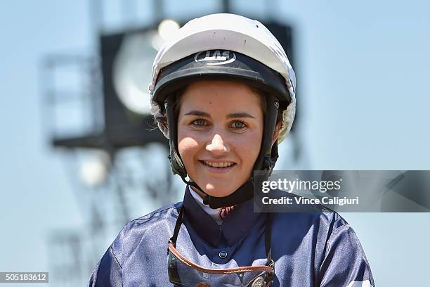 Michelle Payne after riding Pattern to win Race 3 during Melbourne Racing at Flemington Racecourse on January 16, 2016 in Melbourne, Australia.