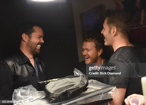 Old Dominion's Brad Tursi, Singer/Songwriter Shane McAnally and Trevor Rosen backstage Opening Night of Old Dominion's "Meat and Candy" 2016 tour at...