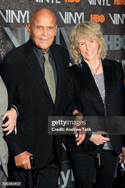 Harry Belafonte and Pamela Frank attend the "Vinyl" New York premiere at Ziegfeld Theatre on January 15, 2016 in New York City.