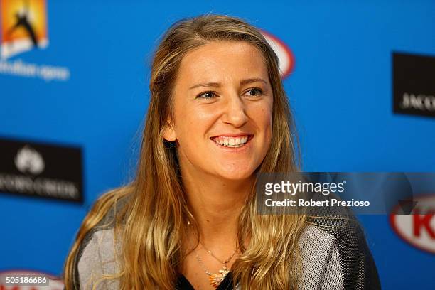 Victoria Azarenka of Belarus speaks to media during a press conference ahead of the 2016 Australian Open at Melbourne Park on January 16, 2016 in...
