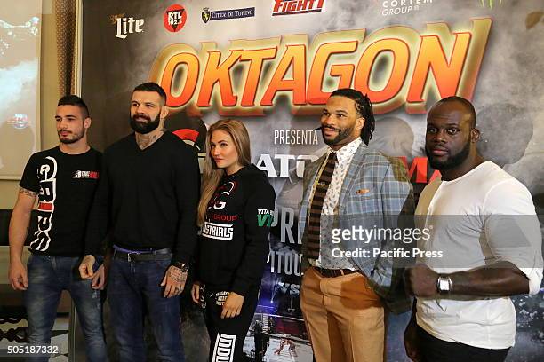 From right, the fighters: Danilo Belluardo, Alessio Sakara, Anastasia Yankova, Brian Rogers and Melvin Manhoef. Oktagon Kickboxing President Carlo Di...