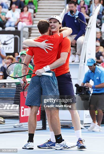 Jamie Murray of Great Britain celebrates with Bruno Soares of Brazil after winning championship point in the Mens Doubles Final against Rohan Bopanna...