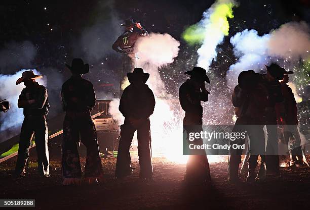 View of professional bull riders during PBR's 10th Anniversary Monster Energy Buck Off at the Garden at Madison Square Garden on January 15, 2016 in...