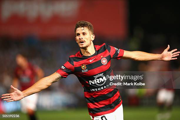 Dario Vidosic of the Wanderers celebrates scoring a goal during the round 15 A-League match between the Western Sydney Wanderers and Sydney United at...