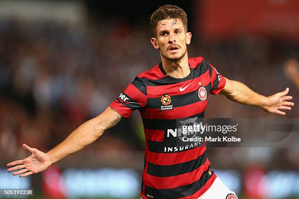 Dario Vidosic of the Wanderers celebrates scoring a goal during the round 15 A-League match between the Western Sydney Wanderers and Sydney United at...
