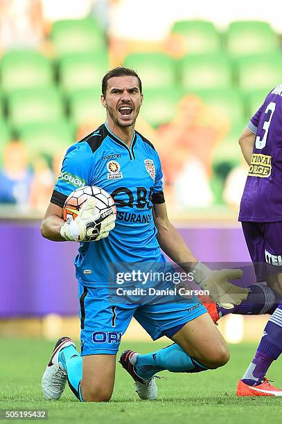 Ante Covic of the Perth Glory shows his frustration during the round 15 A-League match between Perth Glory and Melbourne City FC at nib Stadium on...