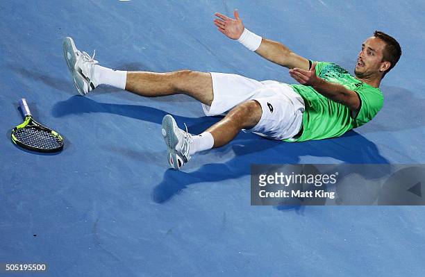 Viktor Troicki of Serbia celebrates winning championship point in his men's final match against Grigor Dimitrov of Bulgaria during day seven of the...